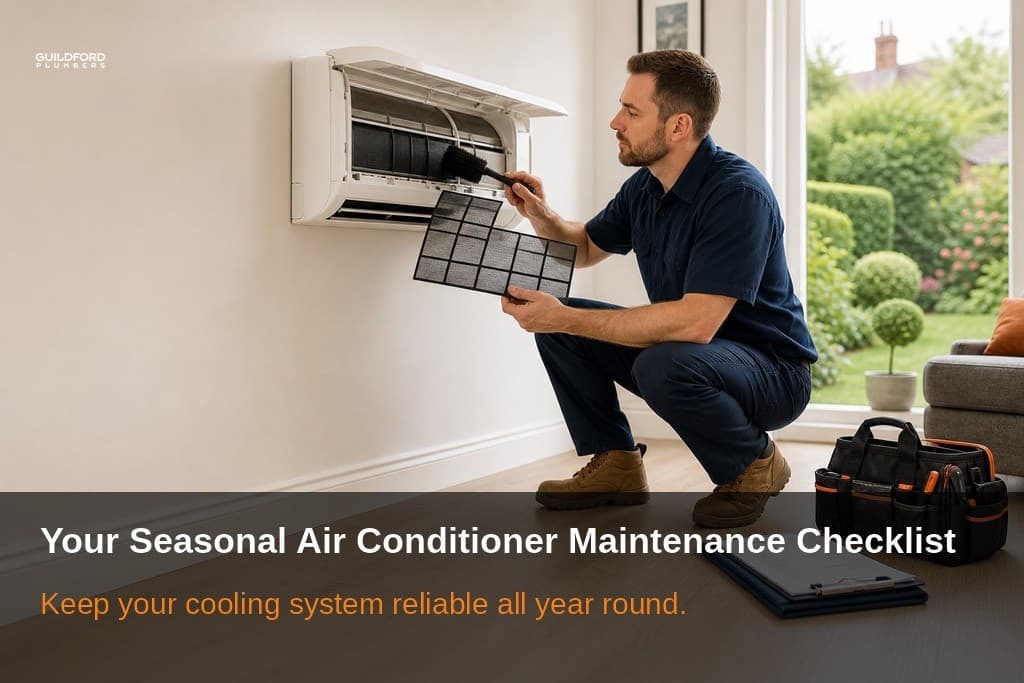Technician carrying out seasonal maintenance on a wall-mounted air conditioner