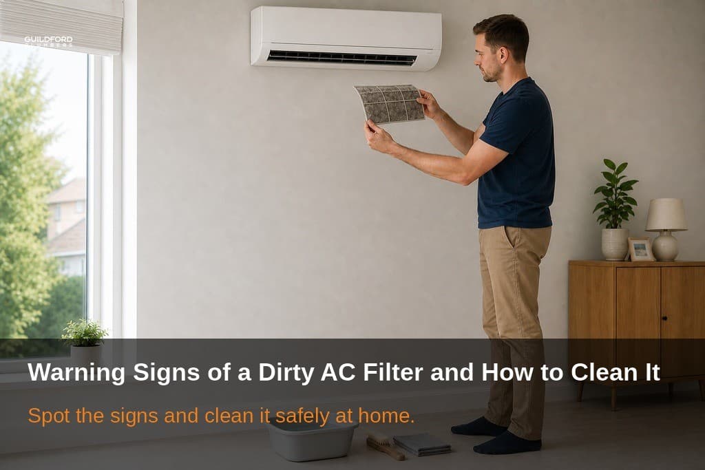 Engineer cleaning a wall-mounted air conditioner filter during routine maintenance
