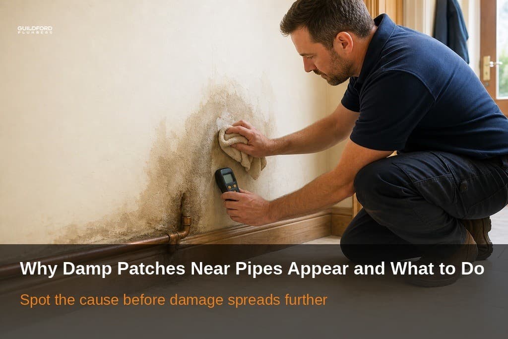 Damp patch beside exposed pipework in a Guildford home, showing a possible hidden water leak