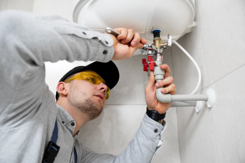 Heating engineer checking a domestic heating connection during a repair assessment