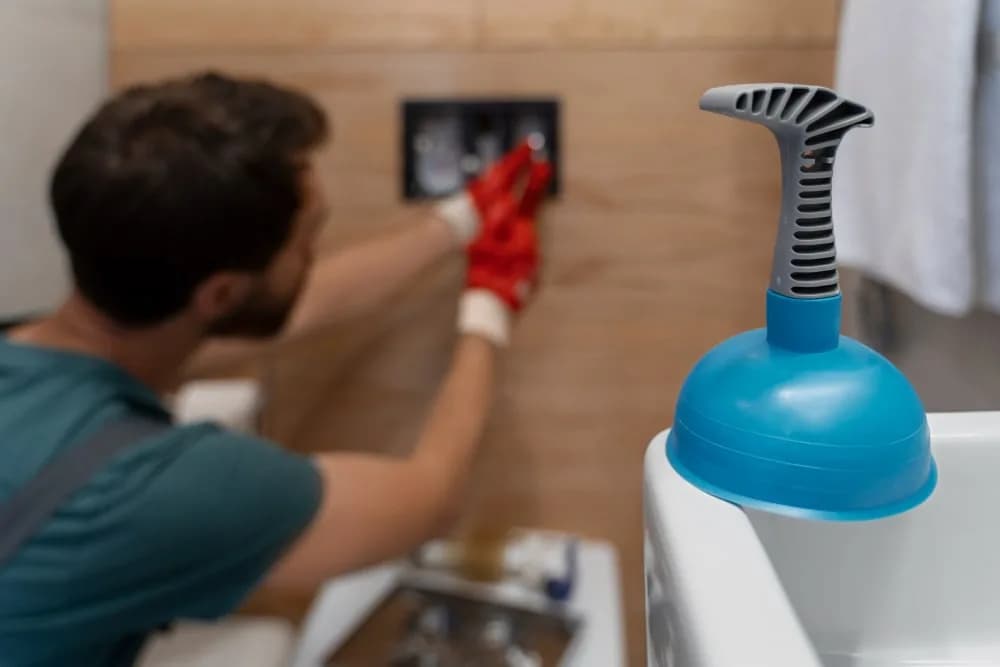 Plumber using a plunger while assessing an internal drain blockage