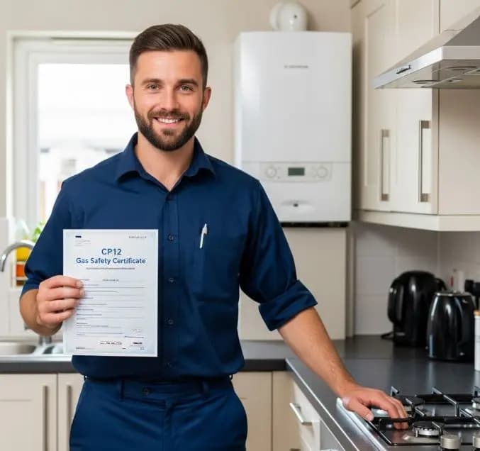 Engineer holding a gas safety certificate beside a domestic boiler