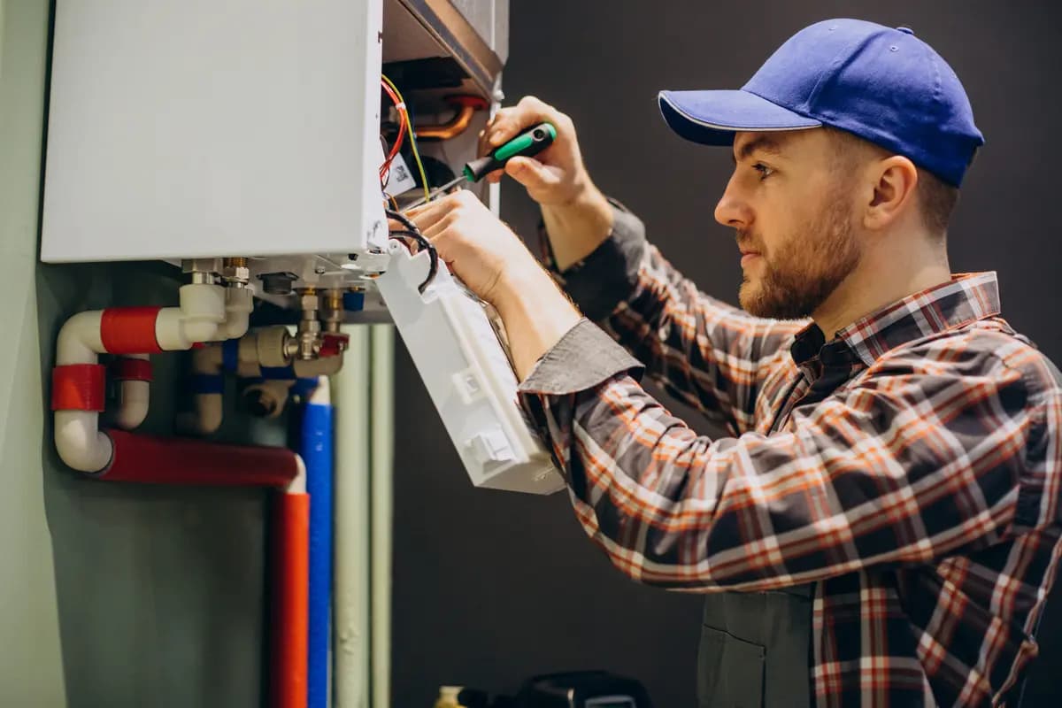 Engineer checking a wall-mounted heating appliance and connected pipework