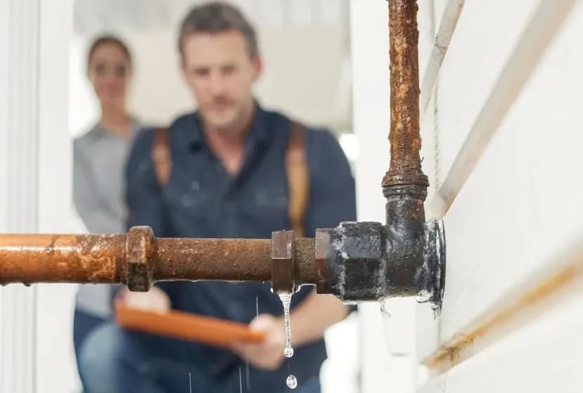 Corroded pipe joint dripping during a hidden water leak assessment in Guildford