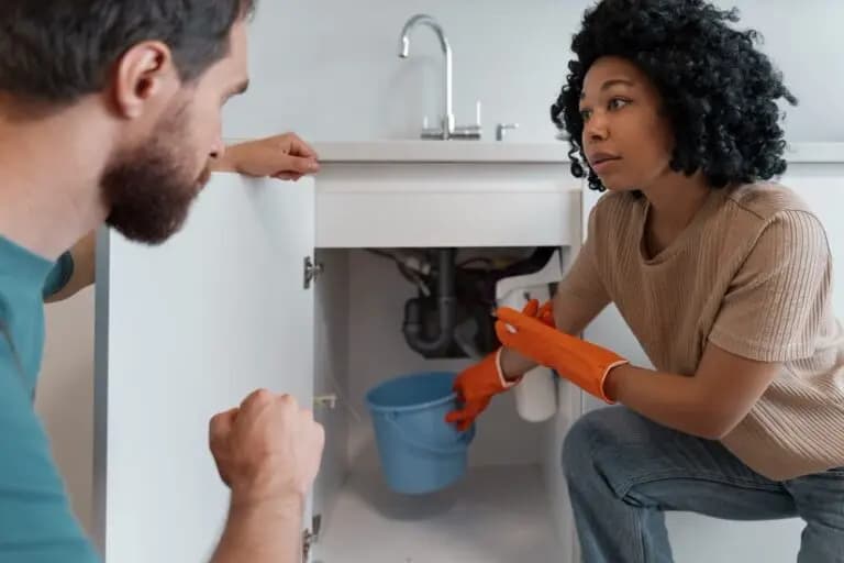 Plumber discussing an accessible leak beneath a kitchen sink with a homeowner