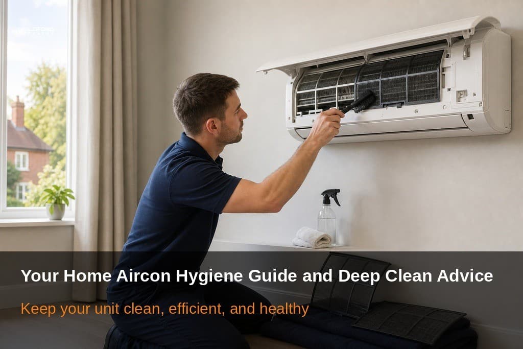 Engineer cleaning a wall-mounted air conditioner during a home deep clean