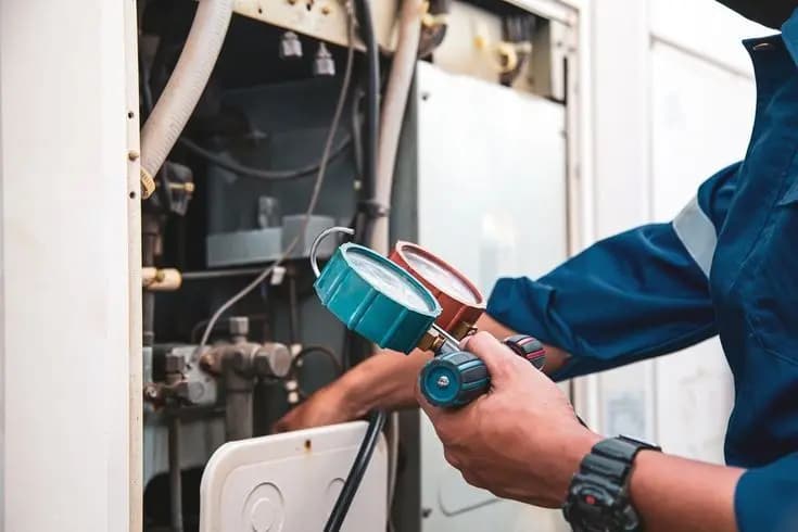 Technician using pressure gauges during a plumbing service inspection