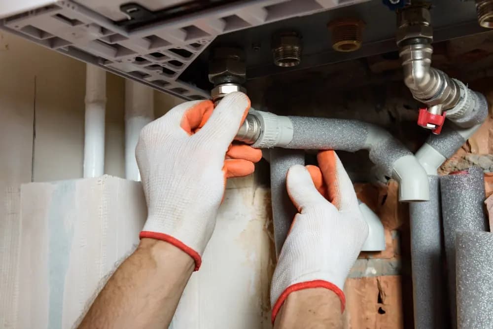 Plumber checking accessible pipe joints during a water leak repair