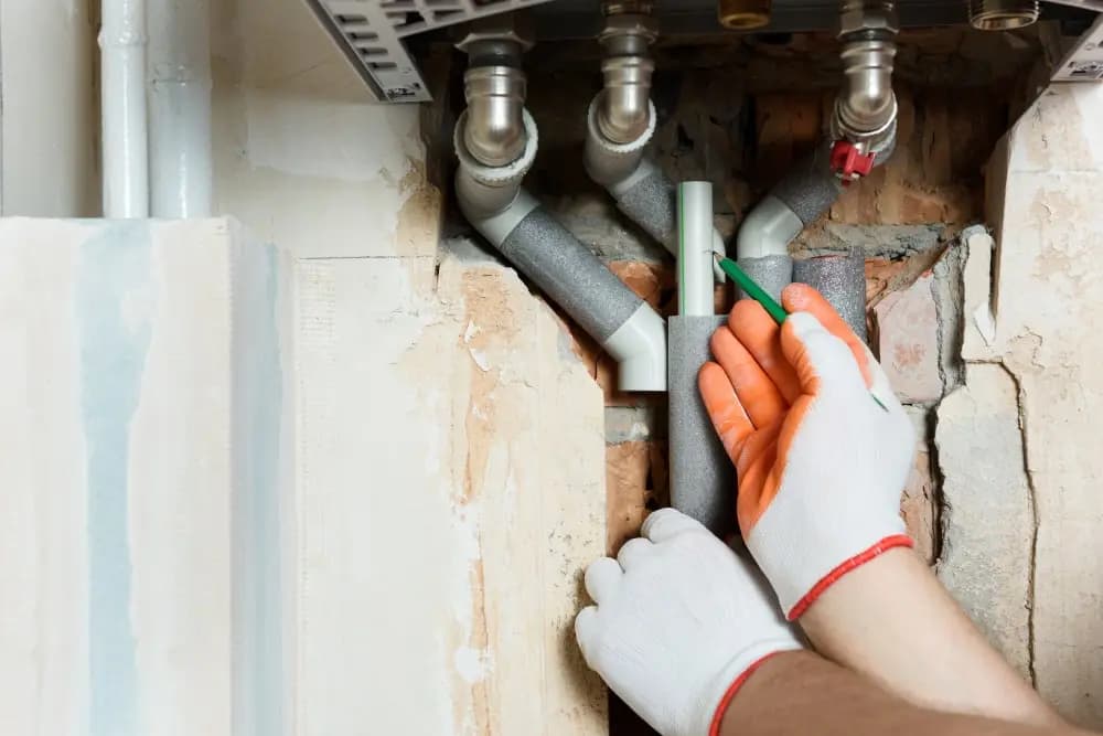 Plumber inspecting pipe connections during a tap repair in Guildford