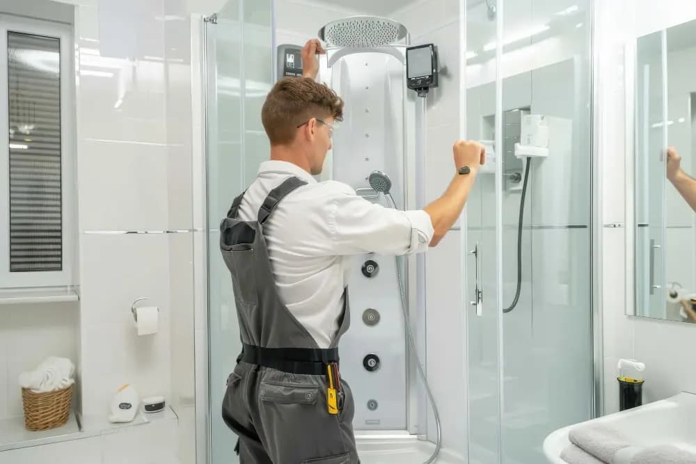 Technician inspecting a shower enclosure, controls and visible fittings