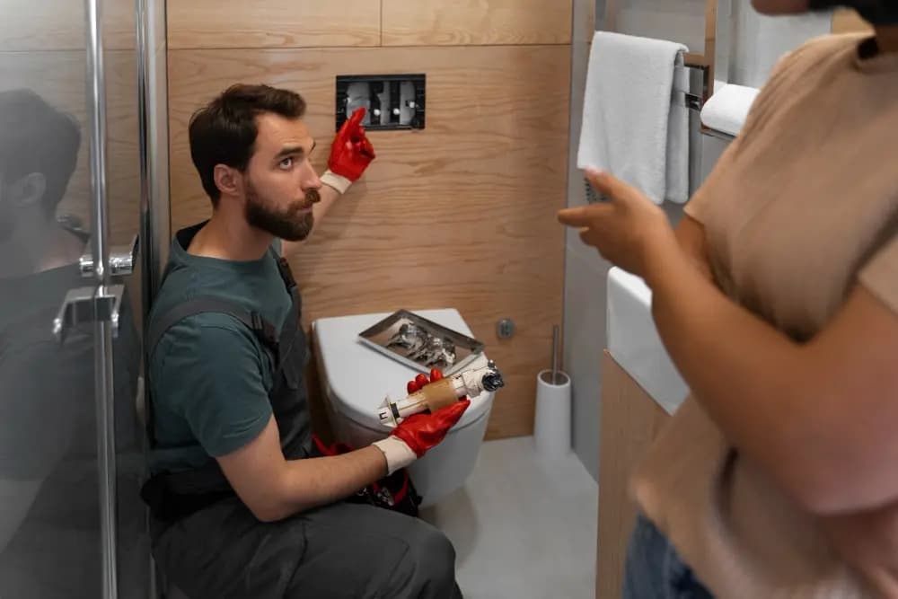 Plumber showing an exposed toilet cistern component during a repair assessment