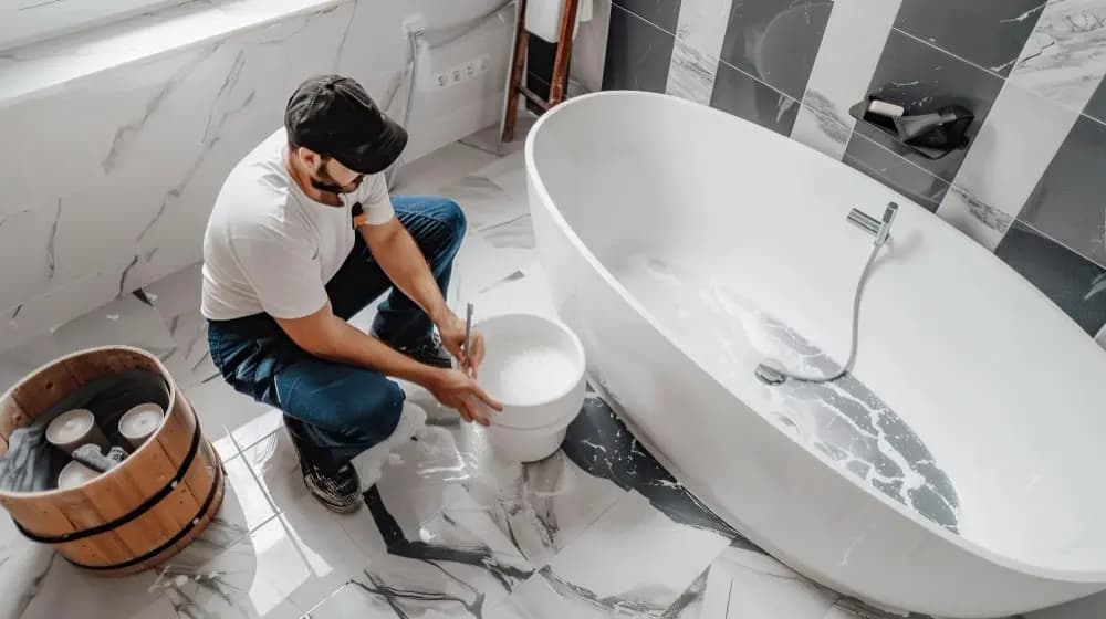 Installer checking the position of a white toilet pan in a bathroom