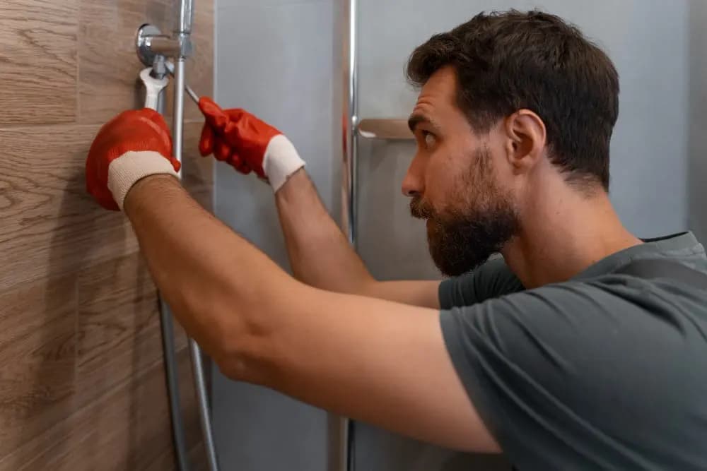 Plumber checking an accessible bathroom water connection before repair