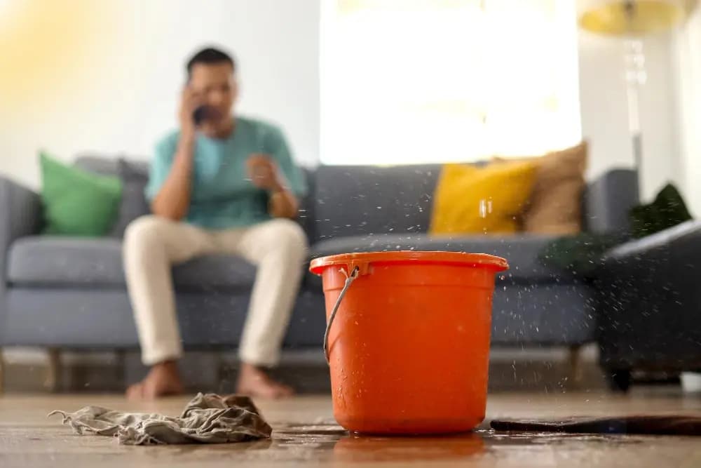 Bucket collecting water from an active ceiling leak while the homeowner calls for help
