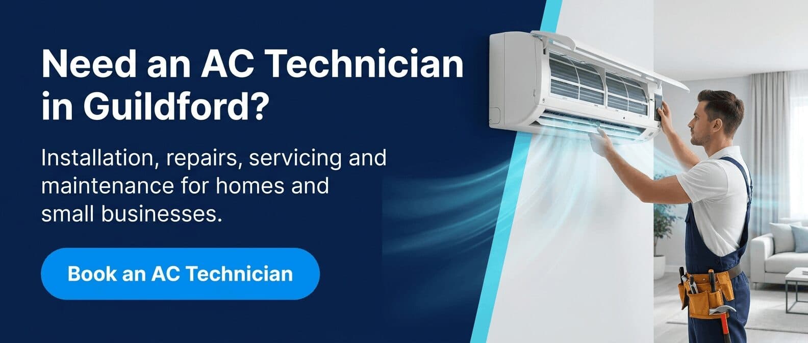 Air-conditioning technician working on a wall-mounted unit in a Guildford home