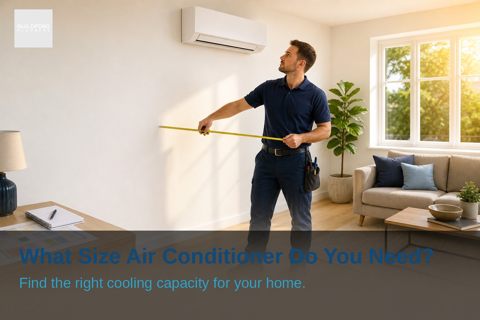 Wall-mounted air conditioner in a Guildford home, illustrating room-size planning