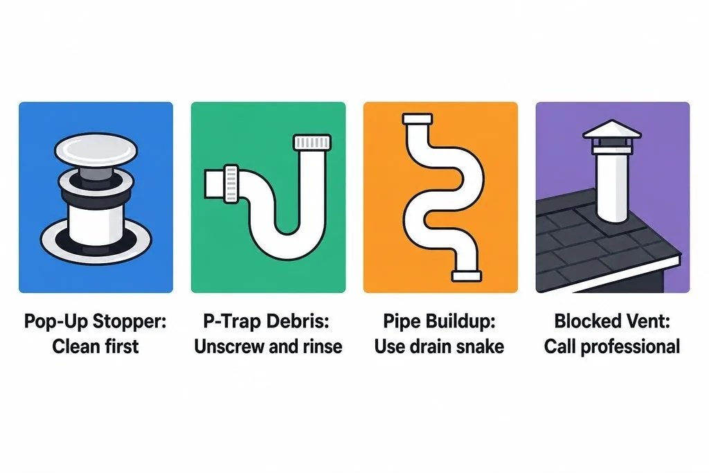 Four common causes of a slow bathroom sink drain and whether each can be fixed without a plumber.