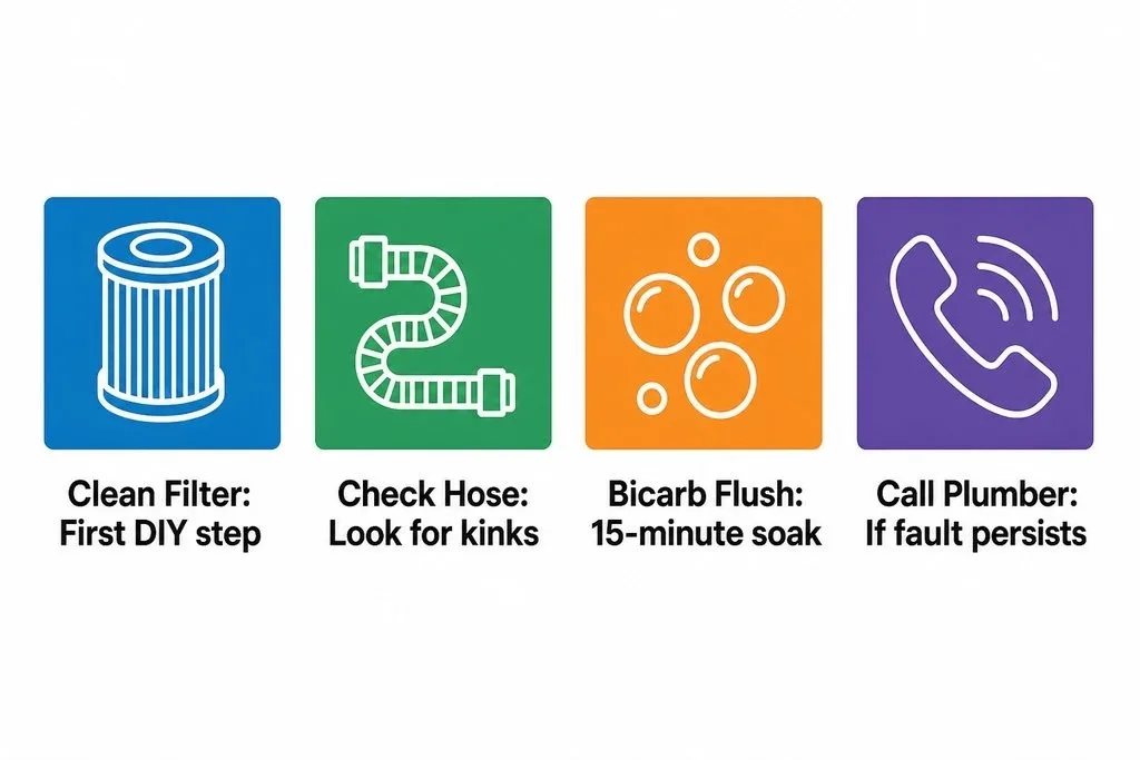 Key steps to unclog a dishwasher: clean the filter, check the hose, flush with bicarb, and know when to call a plumber.