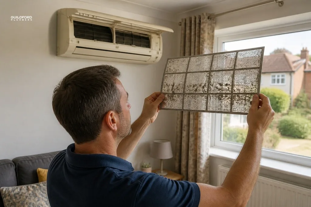 Homeowner holding a dusty AC filter up to window light during a pre-call air conditioning check