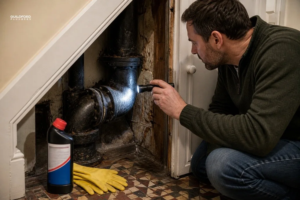 Homeowner inspecting aged cast iron soil pipe with a torch, chemical drain cleaner set aside untouched