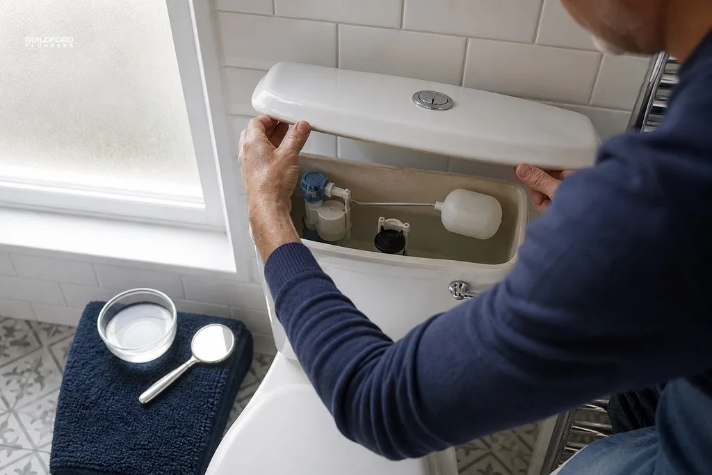 Homeowner inspecting open toilet cistern with float arm and flapper visible during DIY slow flush repair