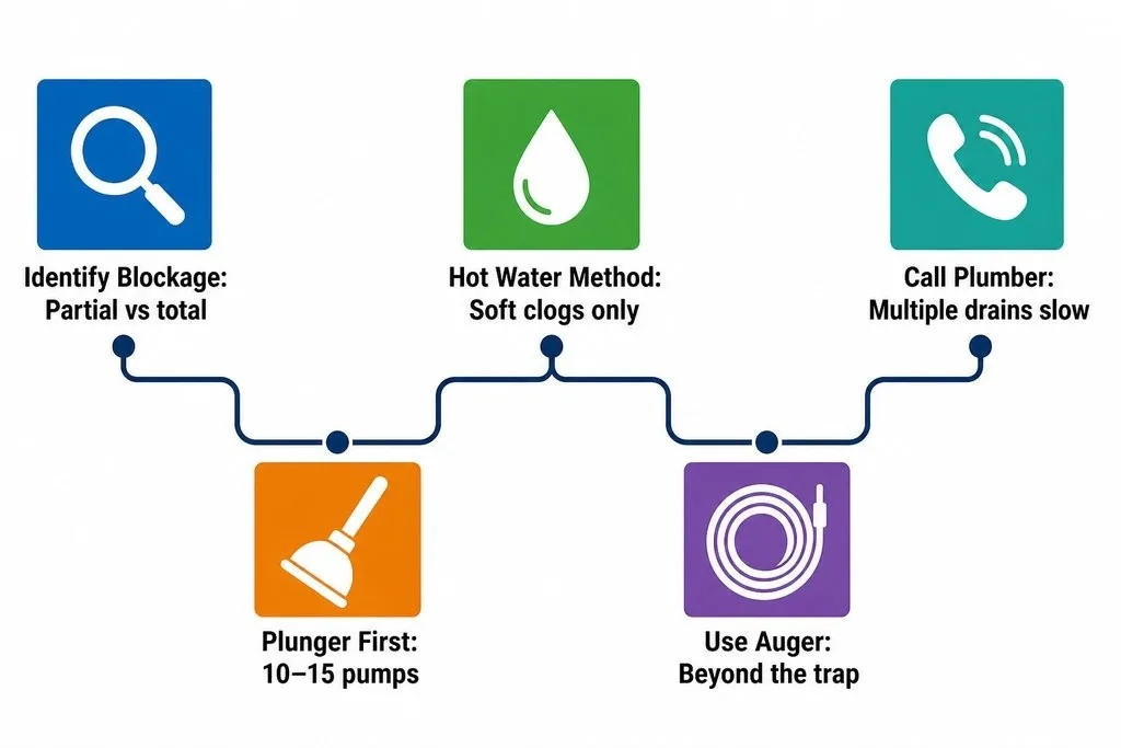 Step-by-step guide to unclogging a toilet: identify blockage type, use a plunger, try hot water, use an auger, call a plumber