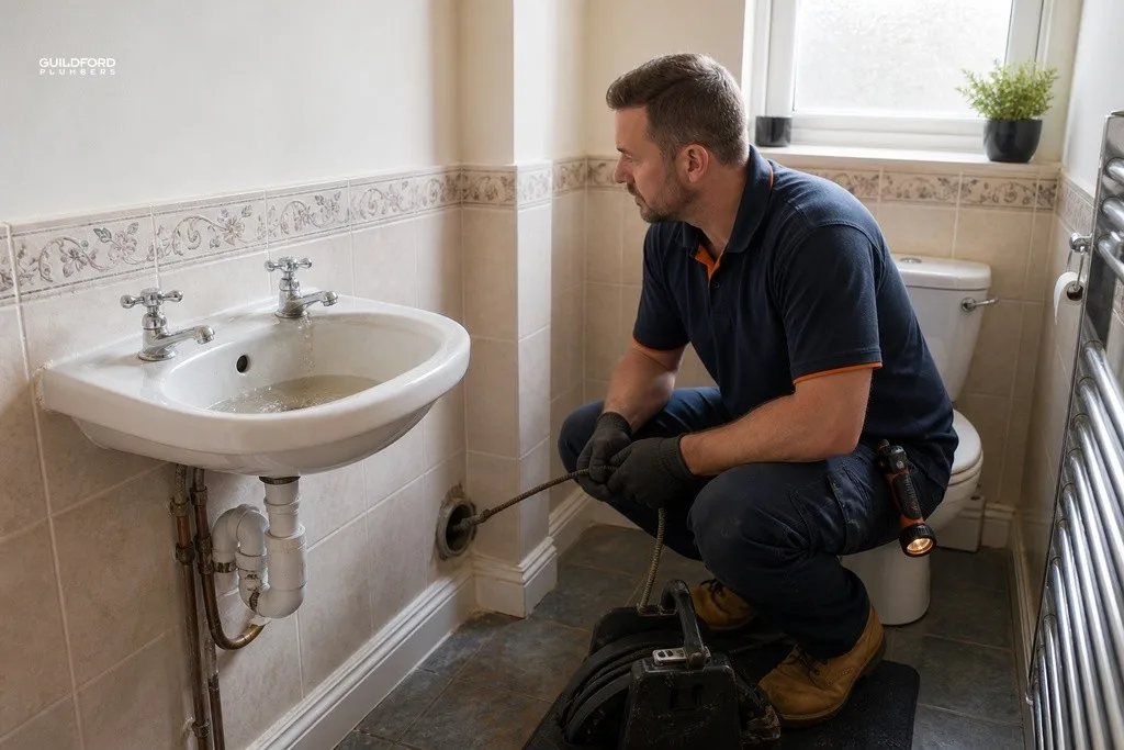 Plumber diagnosing shared drainage fault with slow-draining toilet and basin showing signs of blockage