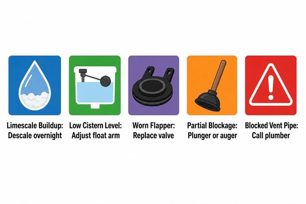 Five common causes of a slow flushing toilet and whether each can be fixed with DIY or needs a plumber.