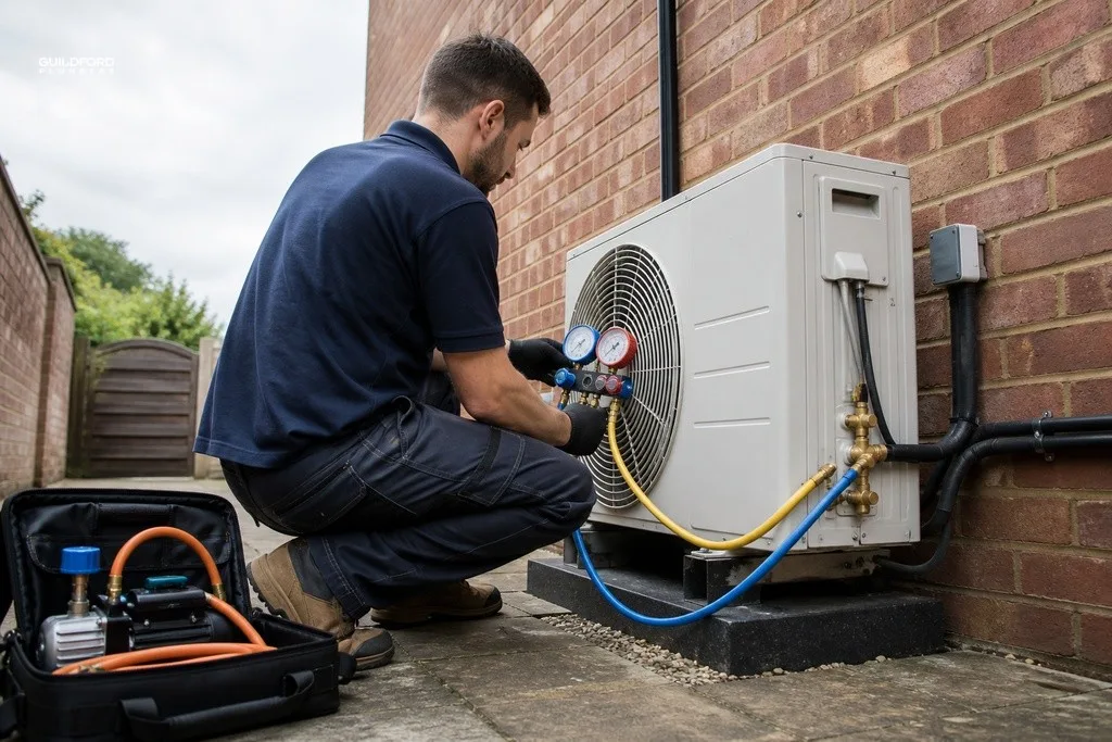 F-Gas certified engineer connecting refrigerant gauges to an outdoor AC condenser unit at a Surrey home