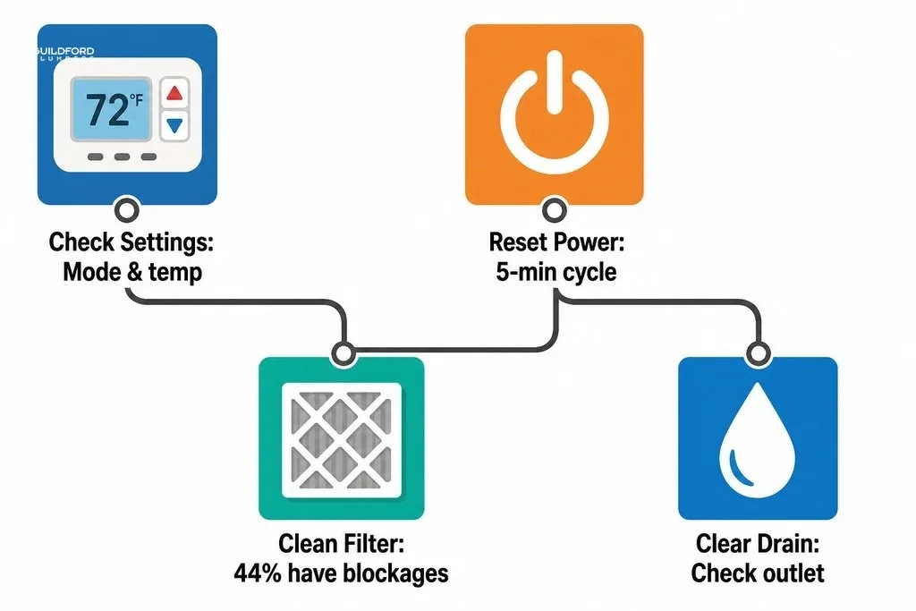 Four sequential aircon checks to try before calling an engineer: settings, filter, power, and condensate drain.