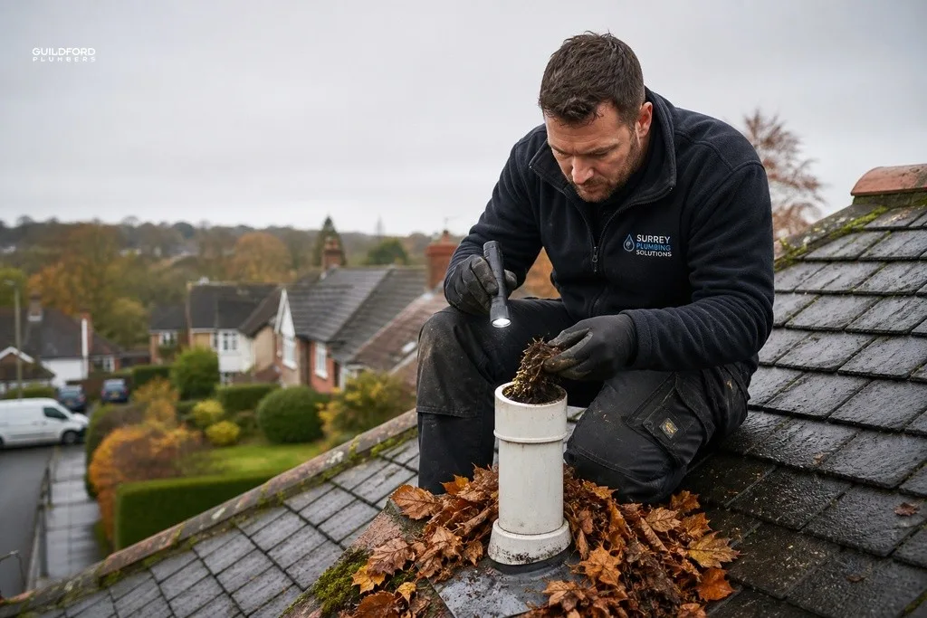 Plumber on a residential rooftop clearing leaf debris from a blocked plumbing vent stack causing slow sink drainage