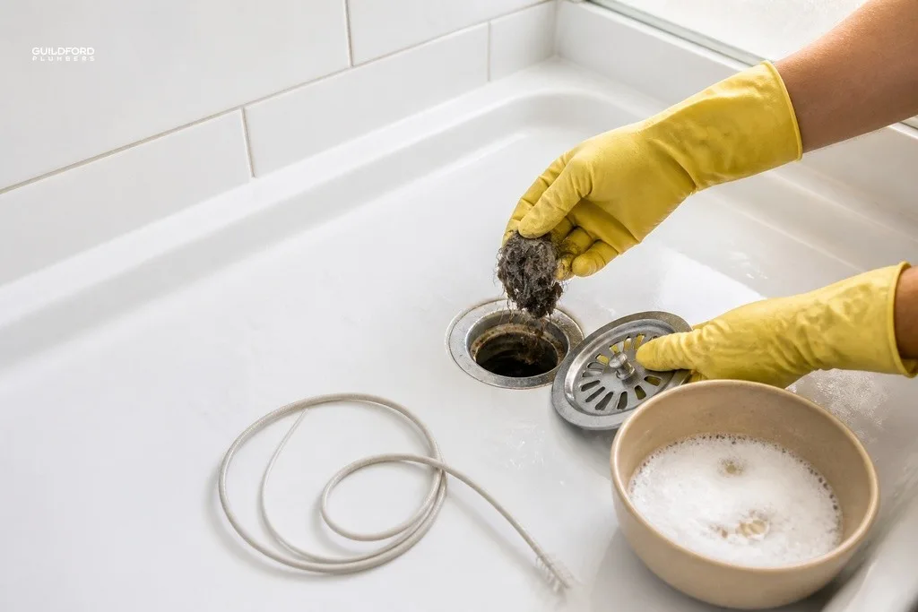 Gloved hands removing hair from a bathroom drain cover with a drain snake nearby