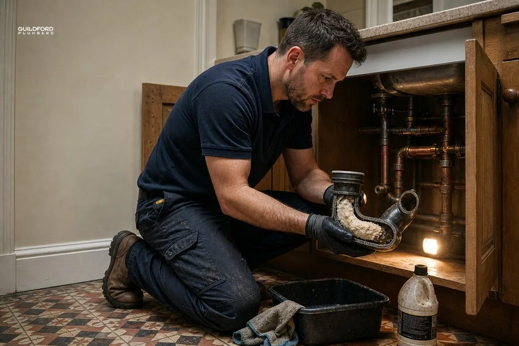 Plumber examining a grease-blocked kitchen drain pipe under a sink in a Guildford home