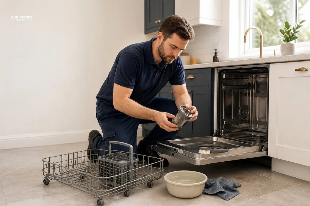 Person removing and inspecting a dishwasher filter during a DIY drain unblocking at home