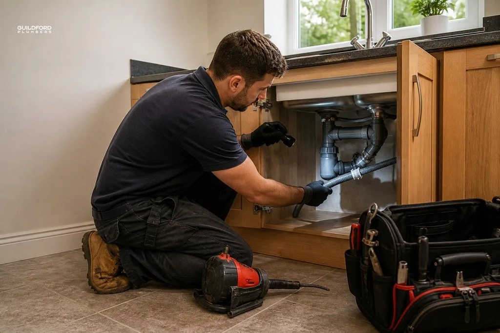 Plumber inspecting shared dishwasher and sink waste pipe connection beneath a kitchen cabinet