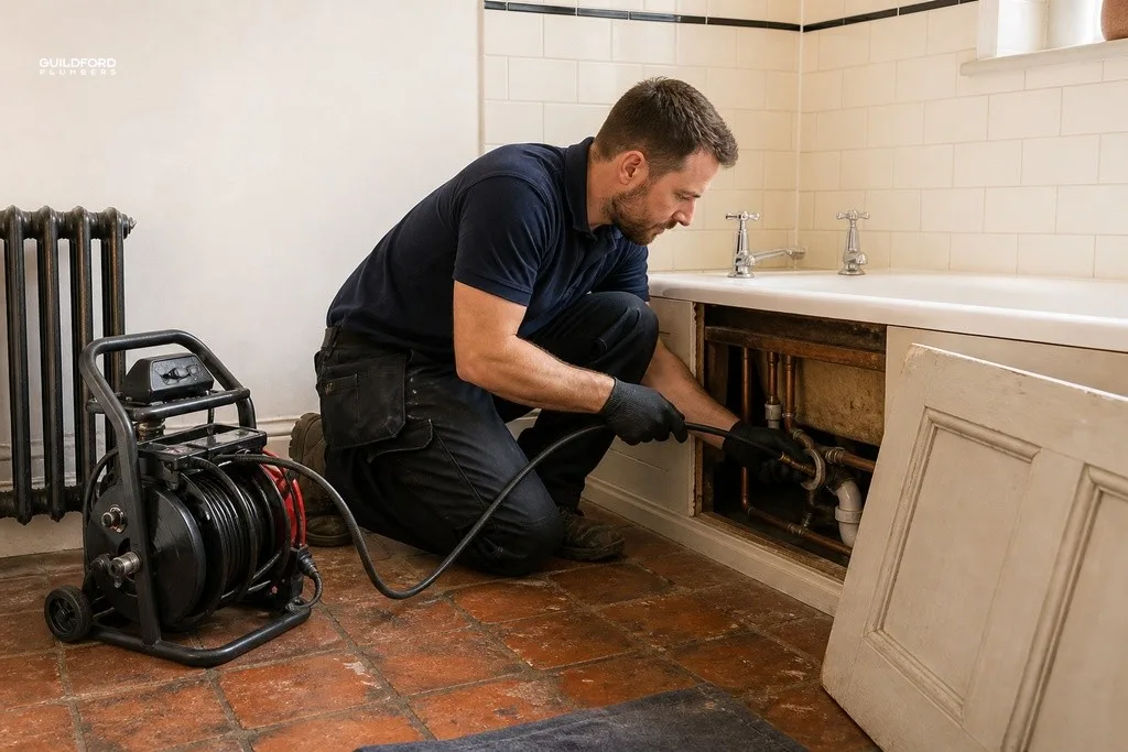 Plumber feeding a jetting hose into exposed bathroom pipework beneath a period Surrey bathtub