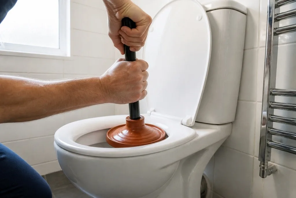 Hands pressing a flange plunger firmly over a UK toilet outlet to create an airtight seal