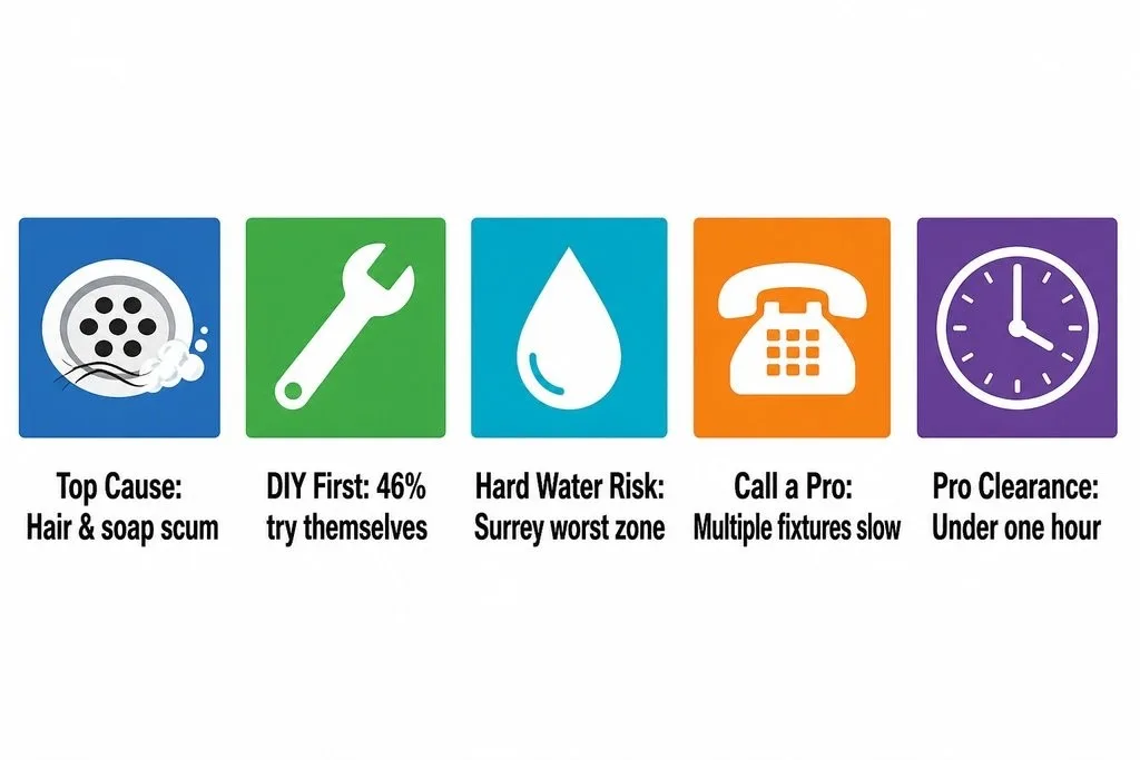 Key facts about bathroom drain blockages: main causes, DIY steps, warning signs, and when to call a plumber.