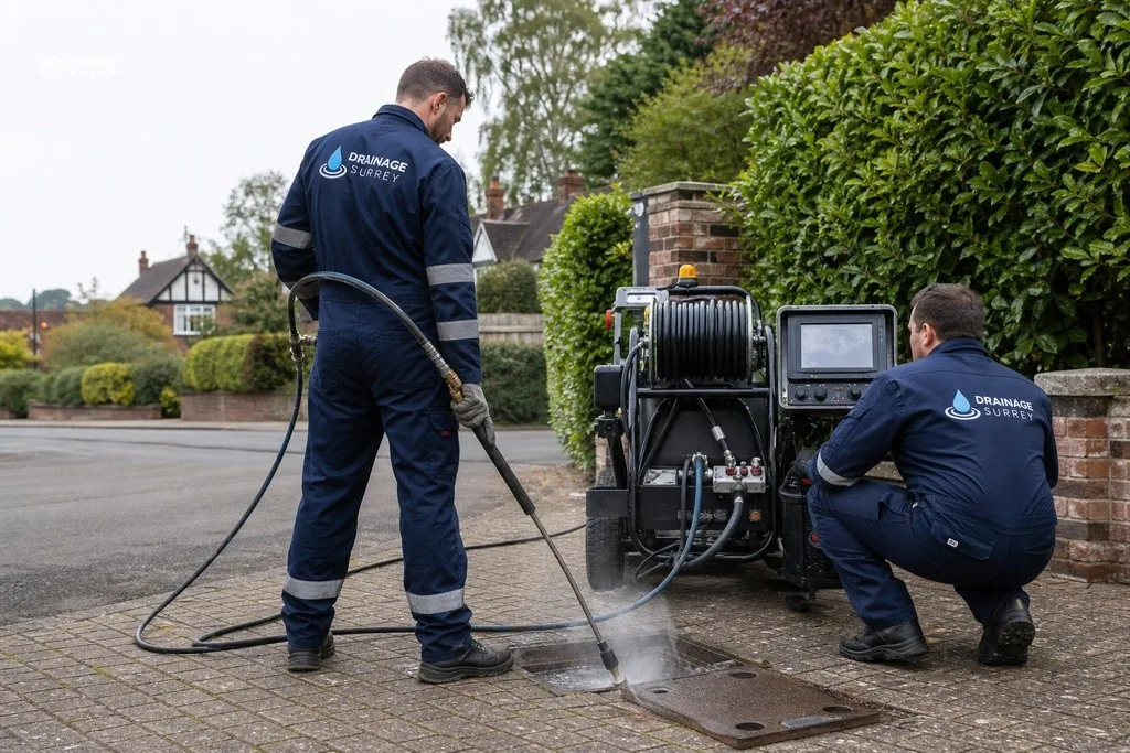 Drainage engineers using high-pressure water jetting to clear a blocked drain outside a Surrey home