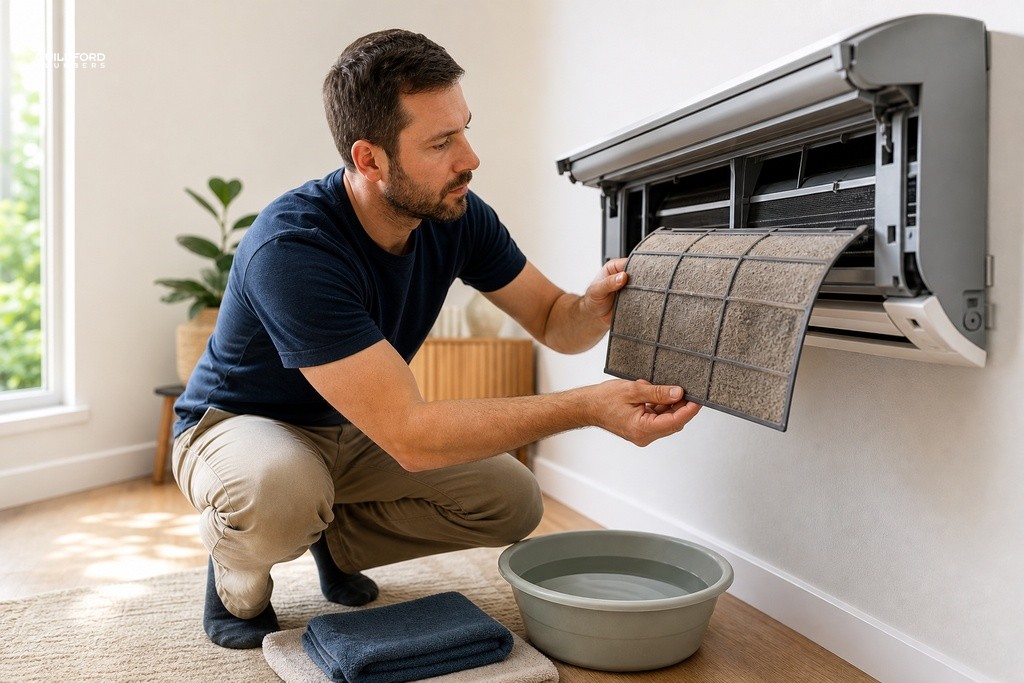Homeowner removing dusty AC filter from indoor wall unit for spring cleaning maintenance check