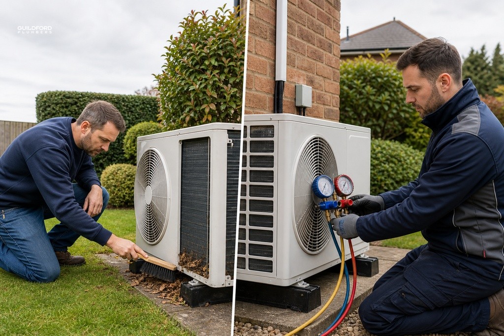 Side-by-side comparison of homeowner clearing AC debris versus certified engineer connecting refrigerant gauges