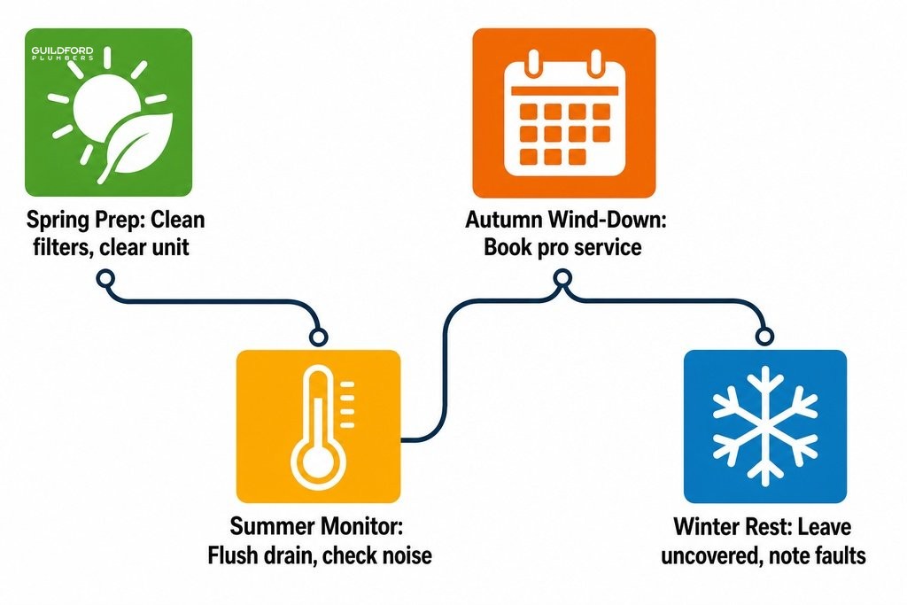Seasonal AC maintenance checklist covering spring, summer, autumn, and winter tasks for UK homeowners.