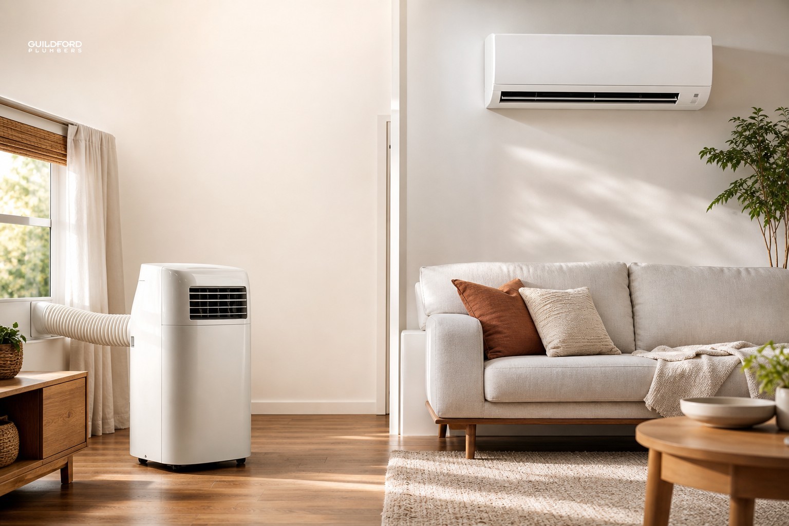 Portable air conditioner on floor beside wall-mounted split system unit inside a bright modern living room