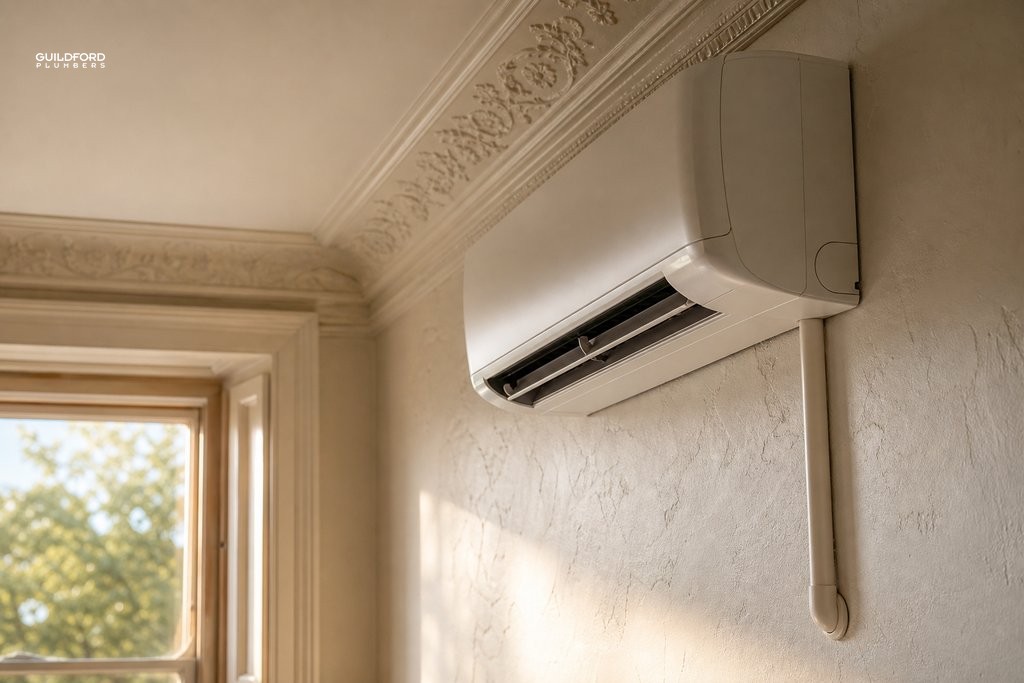 Split air conditioning unit installed on a thick Victorian interior wall with refrigerant pipe routed to external wall