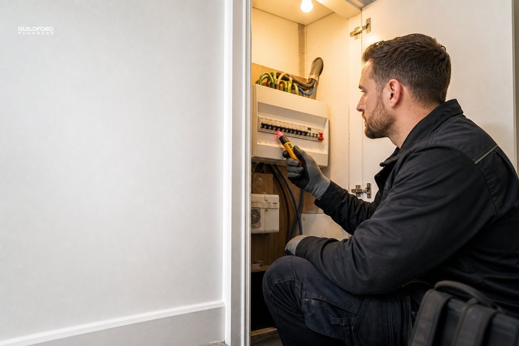Tradesperson inspecting a domestic consumer unit with a voltage tester during a pre-installation electrical assessment