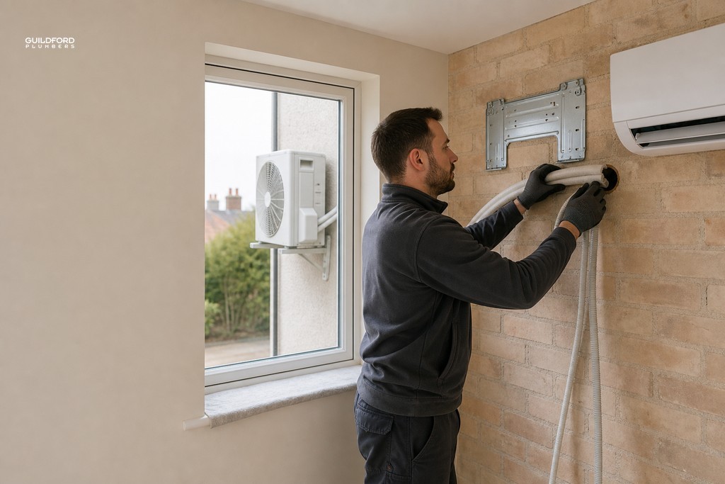 Engineer mounting wall air conditioner indoor unit and routing refrigerant pipework through exterior wall in UK home