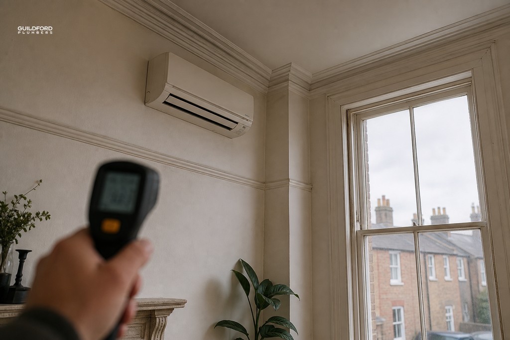 Handheld thermometer near ceiling in period British property with wall-mounted air conditioner running, showing thermal stratification