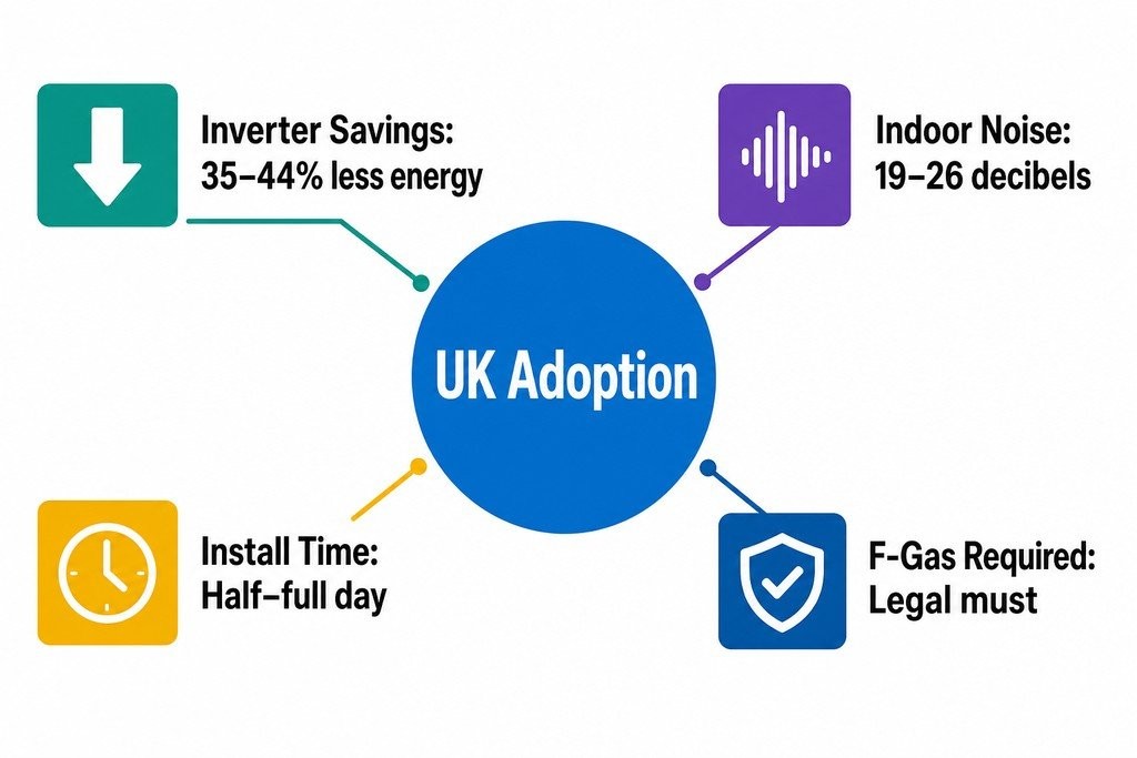 Key facts about wall mounted air conditioners for UK homes: adoption rate, energy savings, noise levels, installation time, a