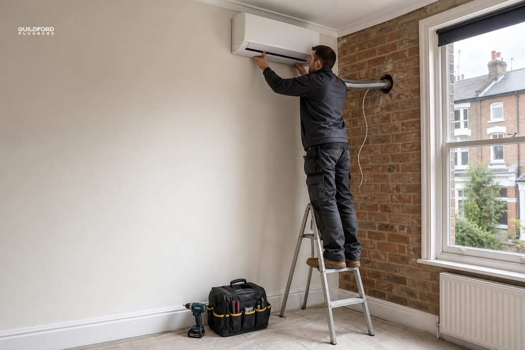 Installer fitting wall mounted air conditioner indoor unit in a Victorian brick home in Guildford