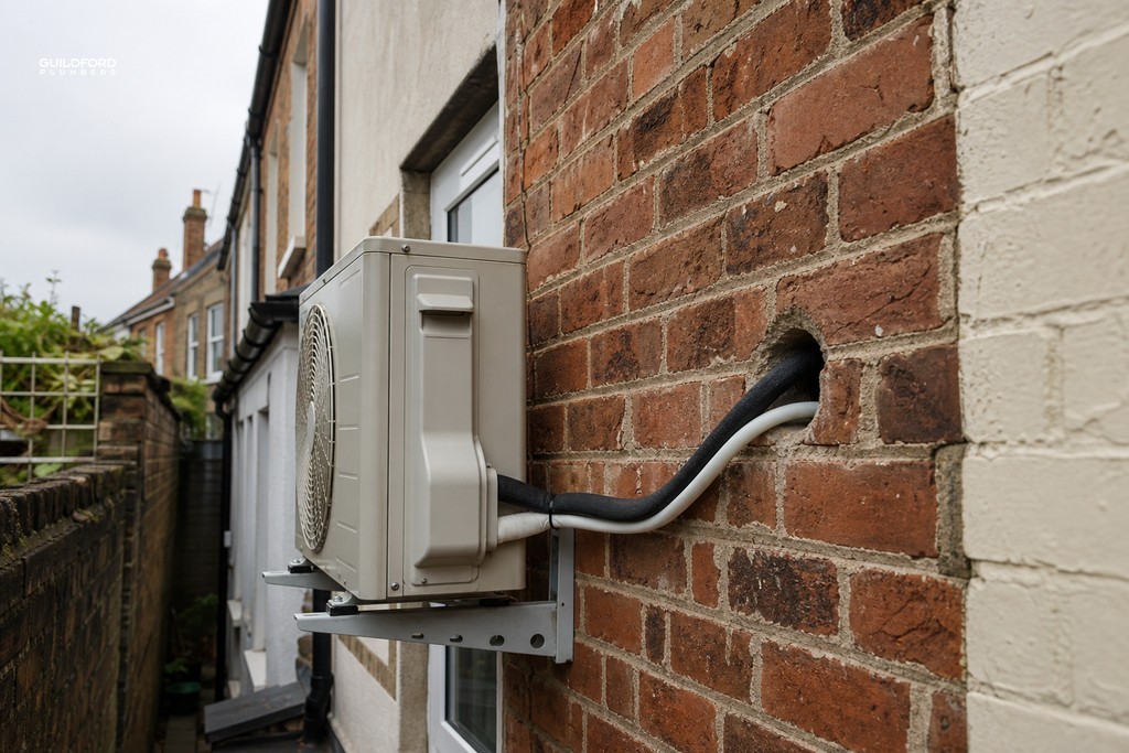 Core-drilled hole in Victorian brick wall with outdoor AC unit showing installation constraints on terraced home